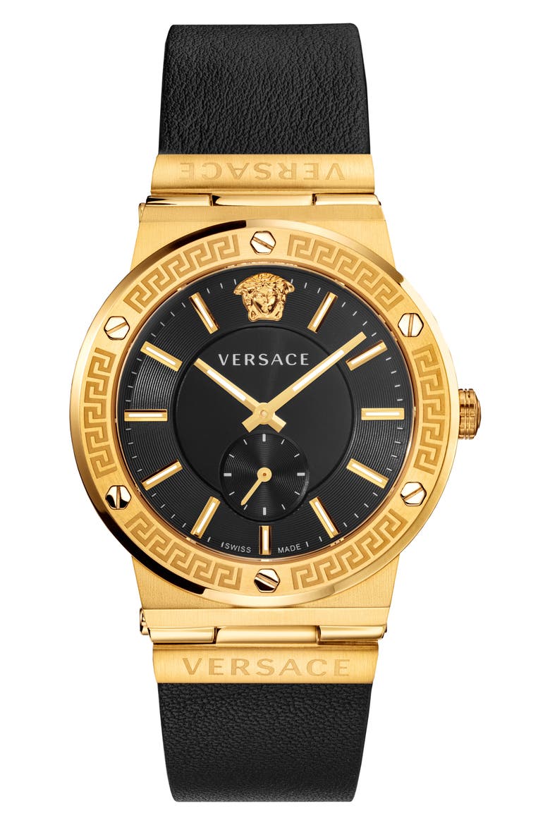 Greca Logo Leather Strap Watch, 41mm, Main, color, BLACK/ GOLD