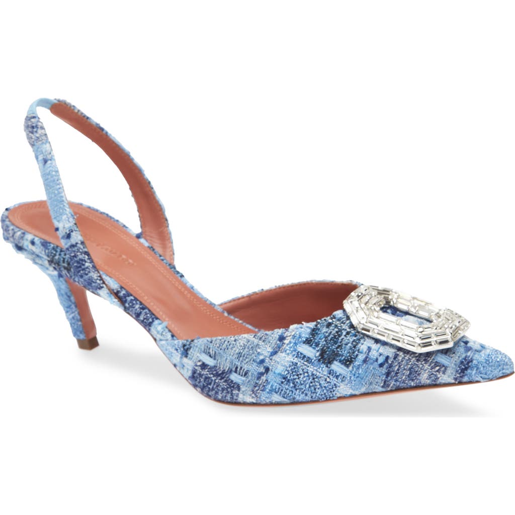 Amina Muaddi Camelia Crystal Buckle Pointed Toe Slingback Pump In Blue
