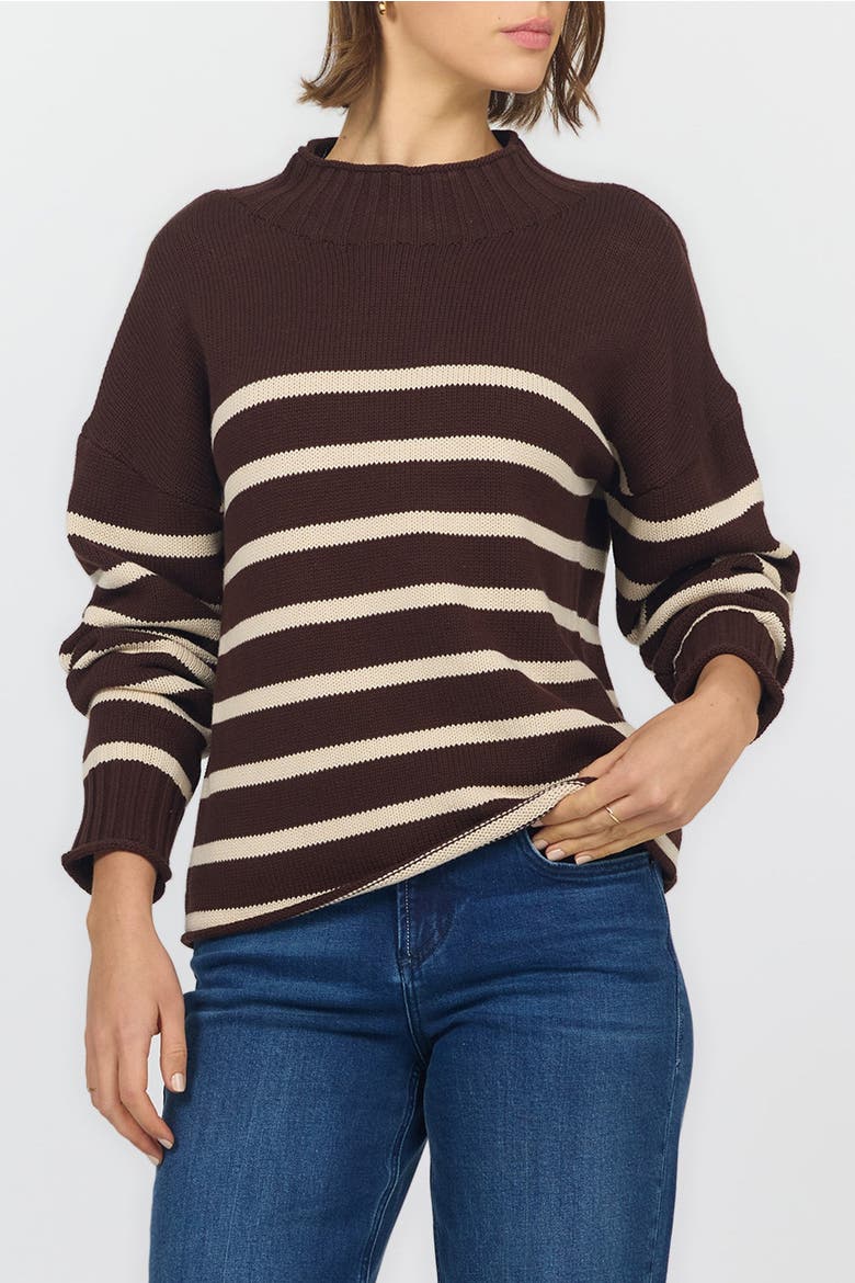 Solana Long Sleeve Funnel Neck Roll Neck Stripe Sweater, Alternate, color, Chocolate Torte