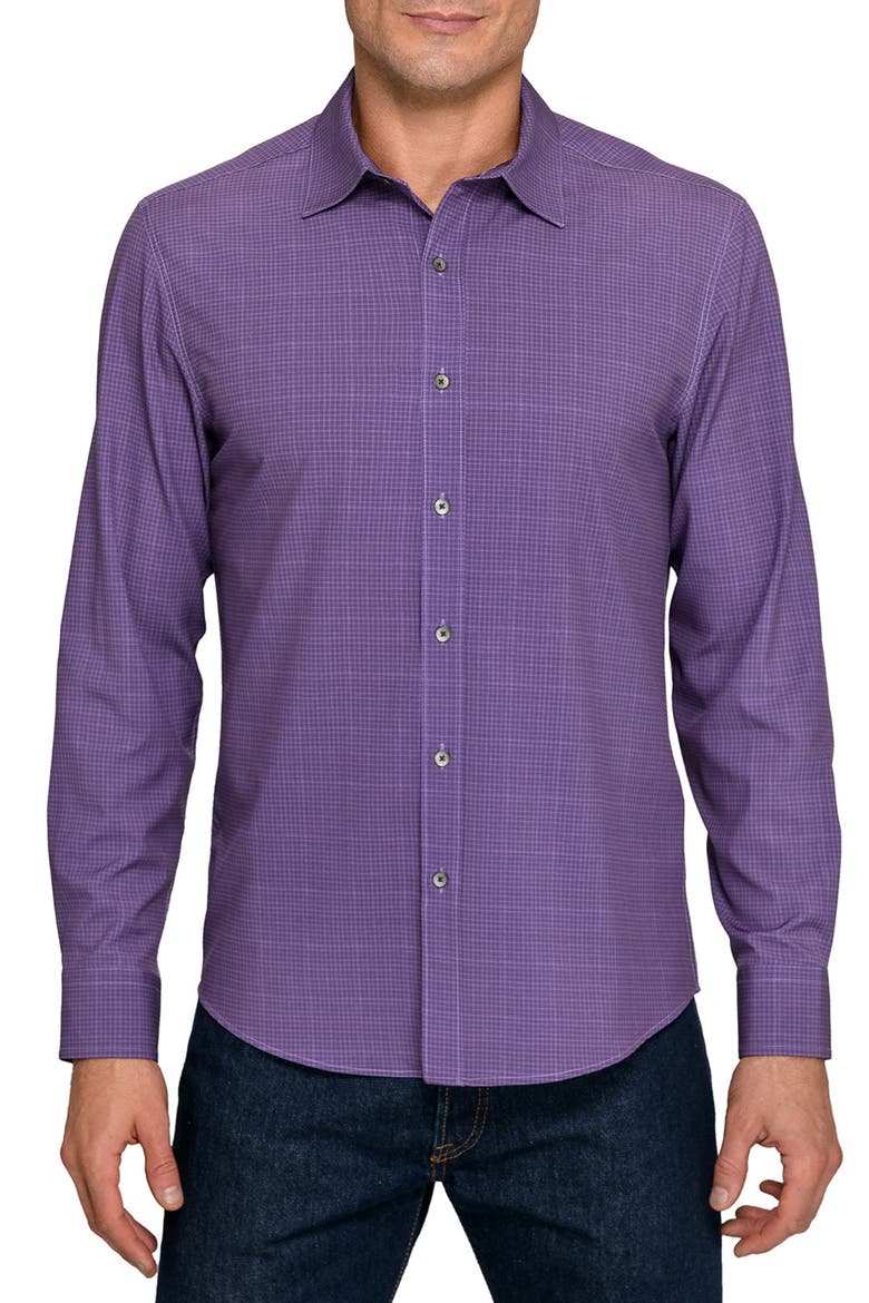 Slim Fit Square Geo Print Performance Button-Up Shirt, Main, color, PURPLE