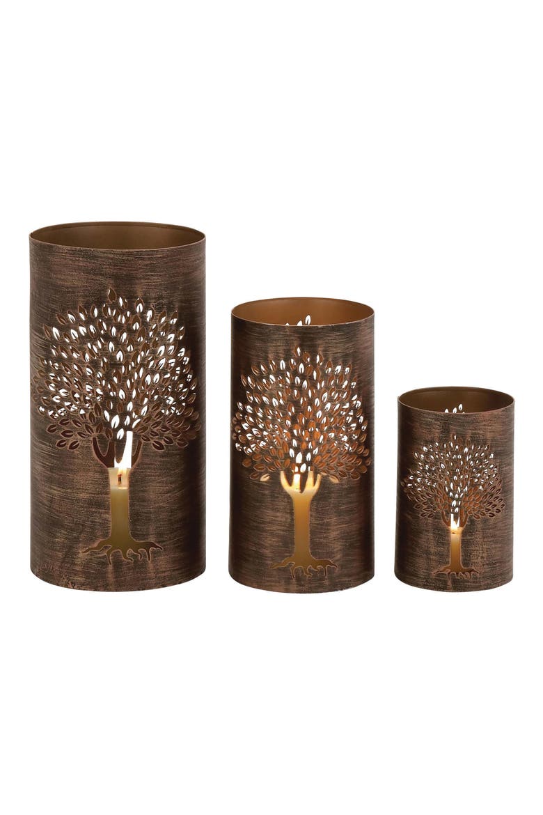 Set of 3 Textured Metal Lantern Candle Holders, Main, color, COPPER