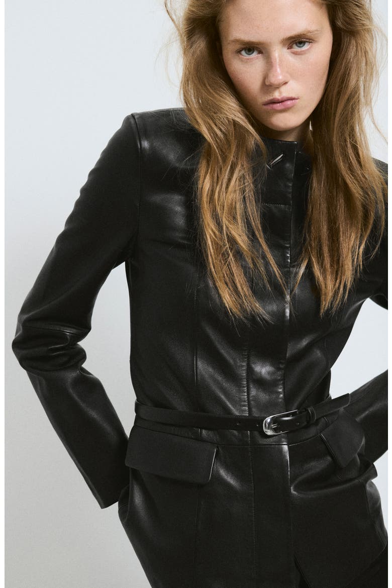 Round Neck Leather Blazer, Alternate, color, BLACK