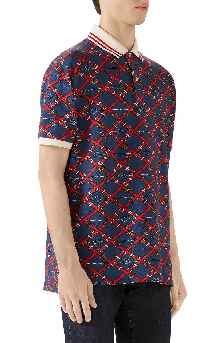 Gucci Belt Chess Print Short Sleeve Piqué Polo, Alternate, color, 