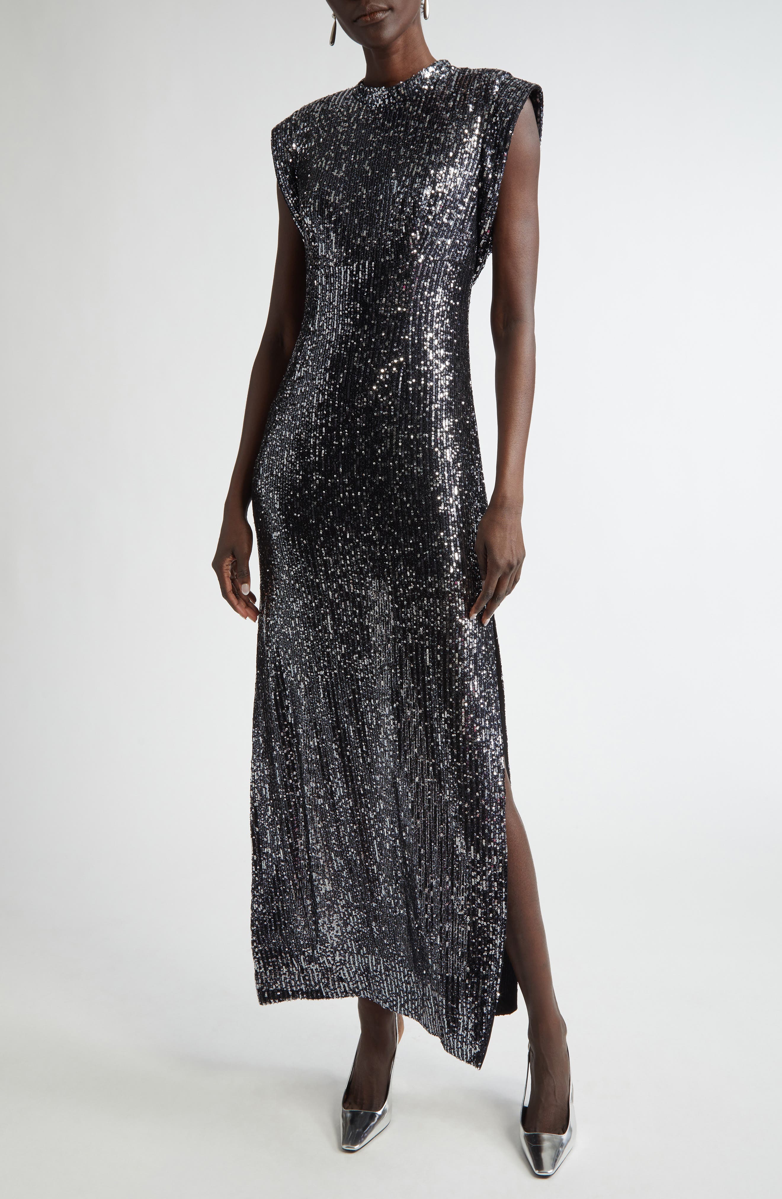 Sequin Embroidered Drape Back Gown