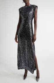 ST. JOHN Sequin Embroidered Drape Back Gown