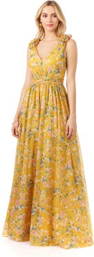 LARA New York V-Neck Long Print Gown with Straps