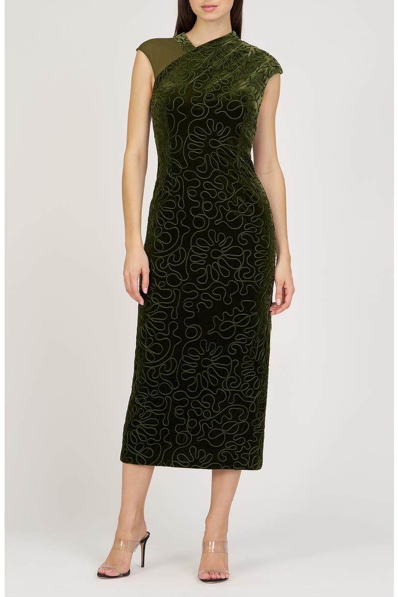Emiliana Asymmetric Velvet Midi Dress, Main, color, IVY GREEN