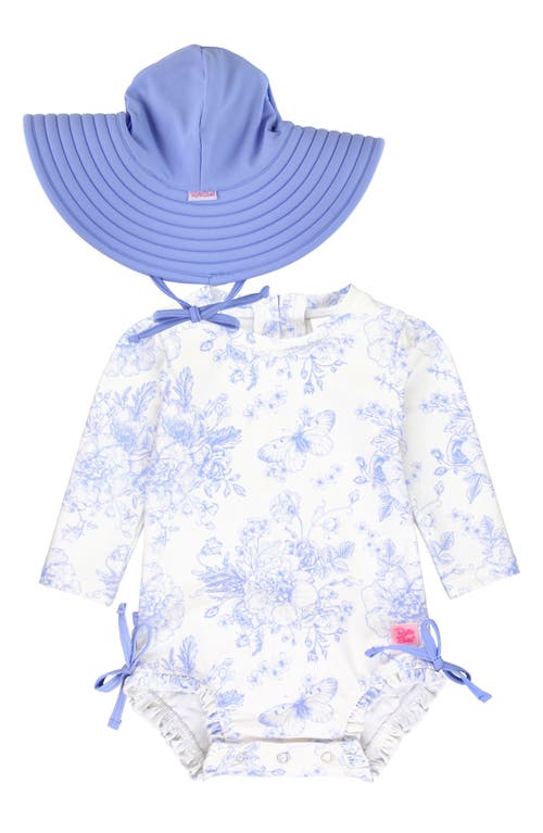 Rufflebutts Butterfly Garden Long Sleeve One-piece Rashguard Swimsuit & Hat Set In Blue