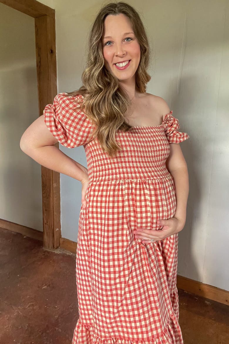 Gingham Smocked Midi Dress, Alternate, color, Rust