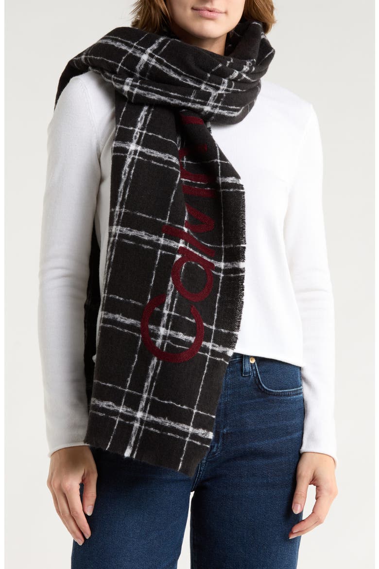 Grid Weave Blanket Scarf, Main, color, BLACK