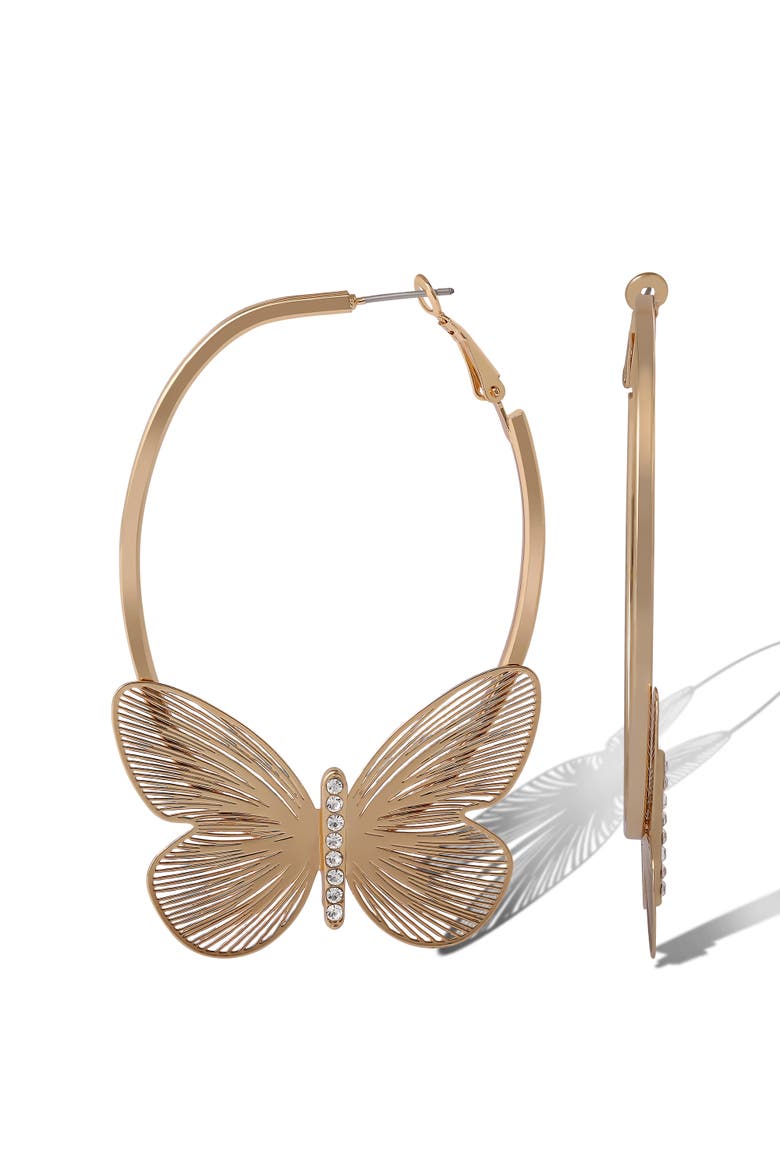 Butterfly Hoop Earrings with Clear Crystal, Alternate, color, Gold