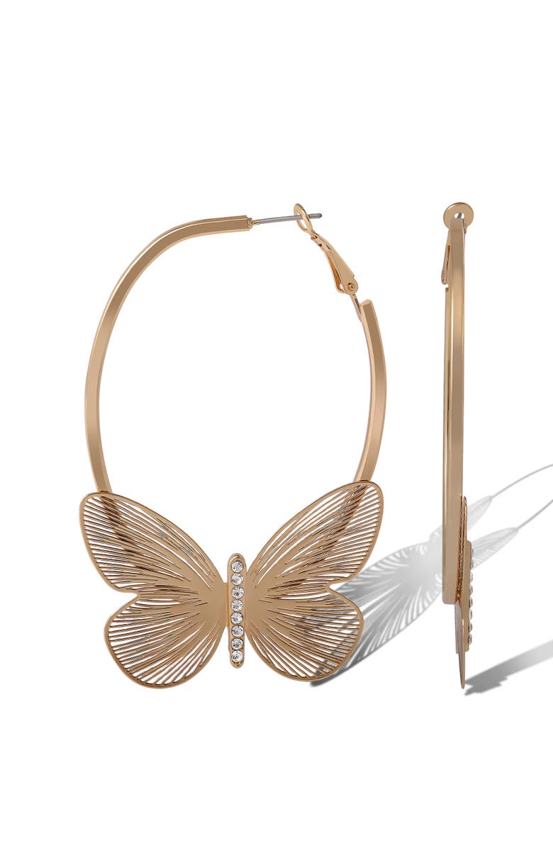 Jessica Simpson Butterfly Hoop Earrings with Clear Crystal, Alternate, color, Gold