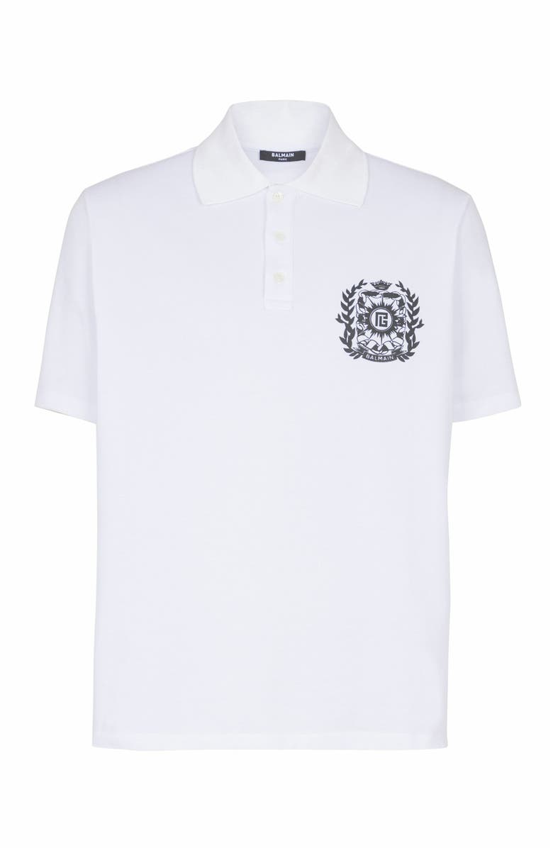 Balmain Cotton Polo Shirt With Écusson Print, Alternate, color, White