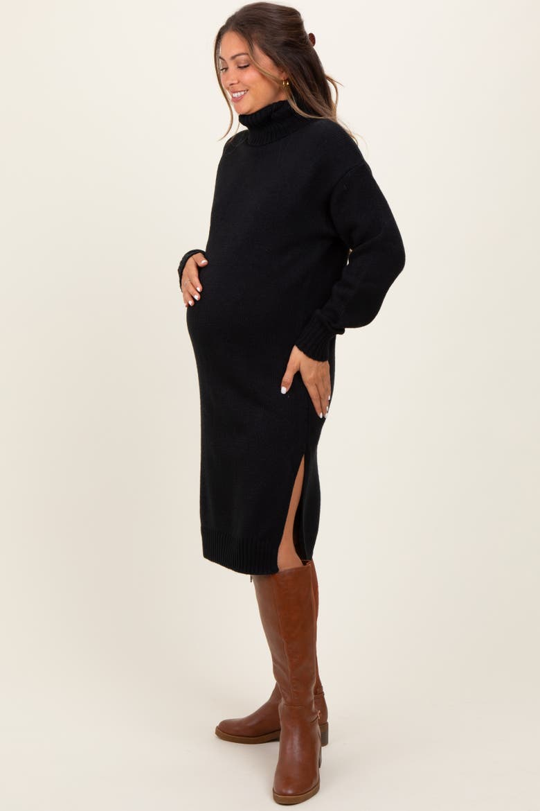 Turtleneck Side Slit Midi Sweater Dress, Alternate, color, Black