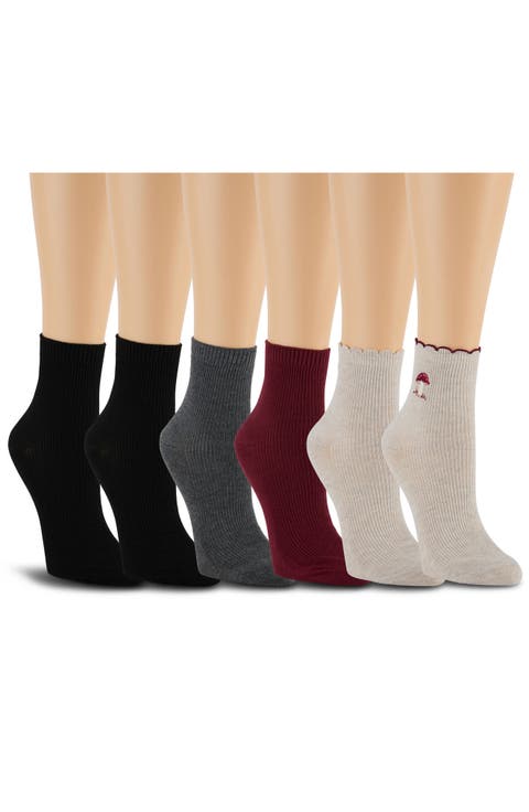 6-Pack Embroidered Scalloped Edge Anklet Socks