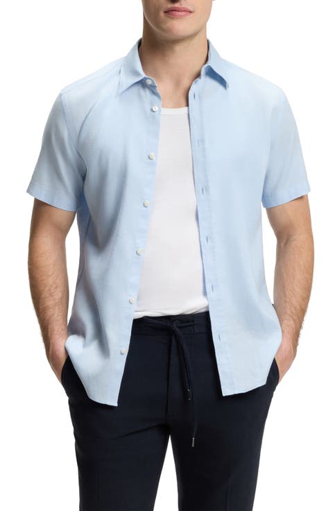Short Sleeve Linen Blend Button Up Shirt