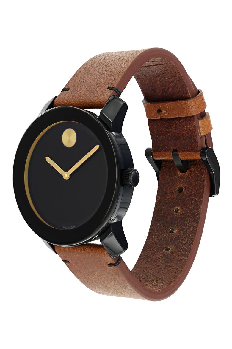 'Bold' Leather Strap Watch, 42mm, Alternate, color, BLACK