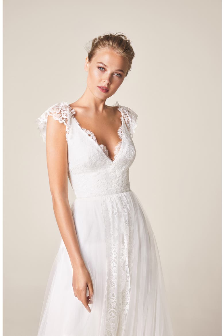 V-Neck Cap Sleeve Wedding Dress, Alternate, color, IVORY