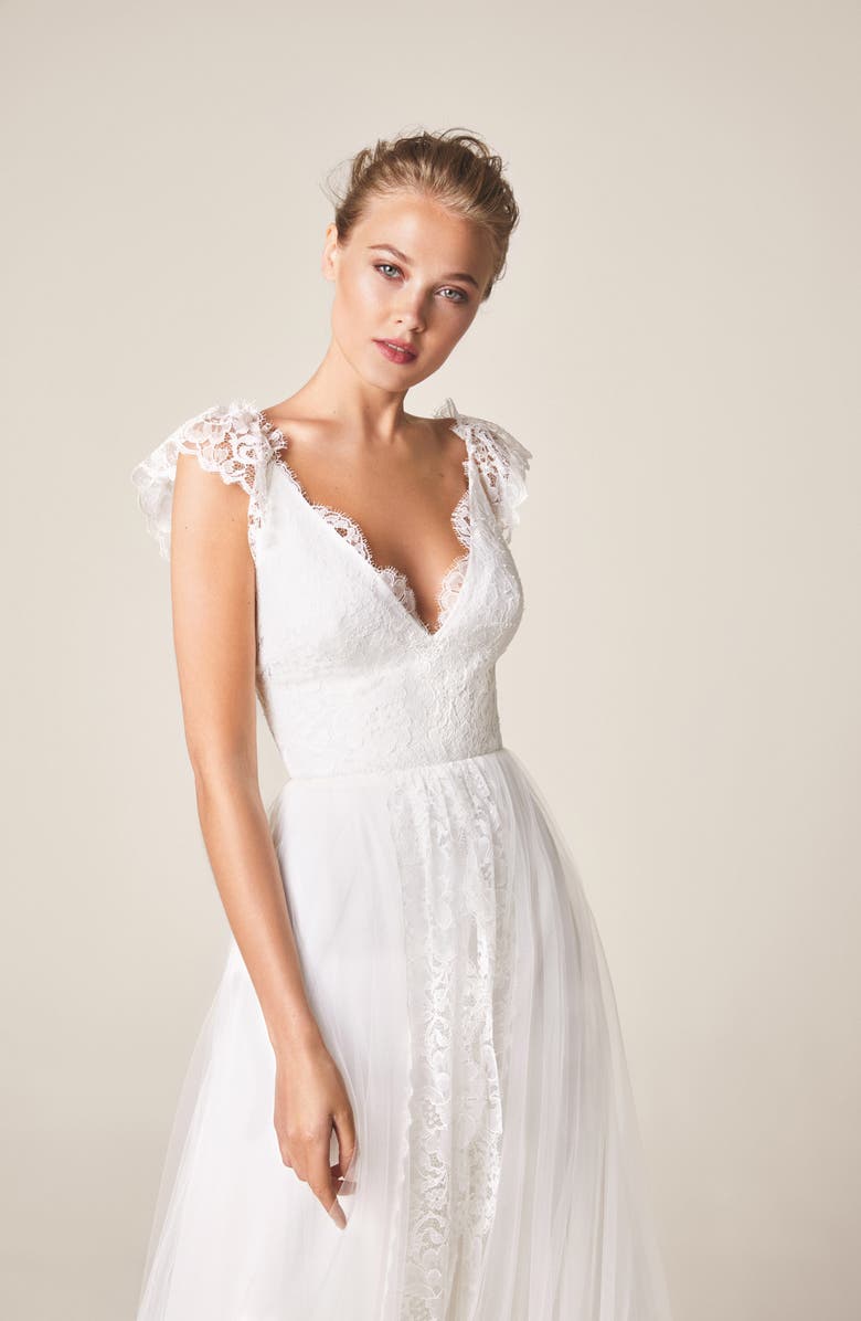 Jesús Peiró V-Neck Cap Sleeve Wedding Dress, Alternate, color,