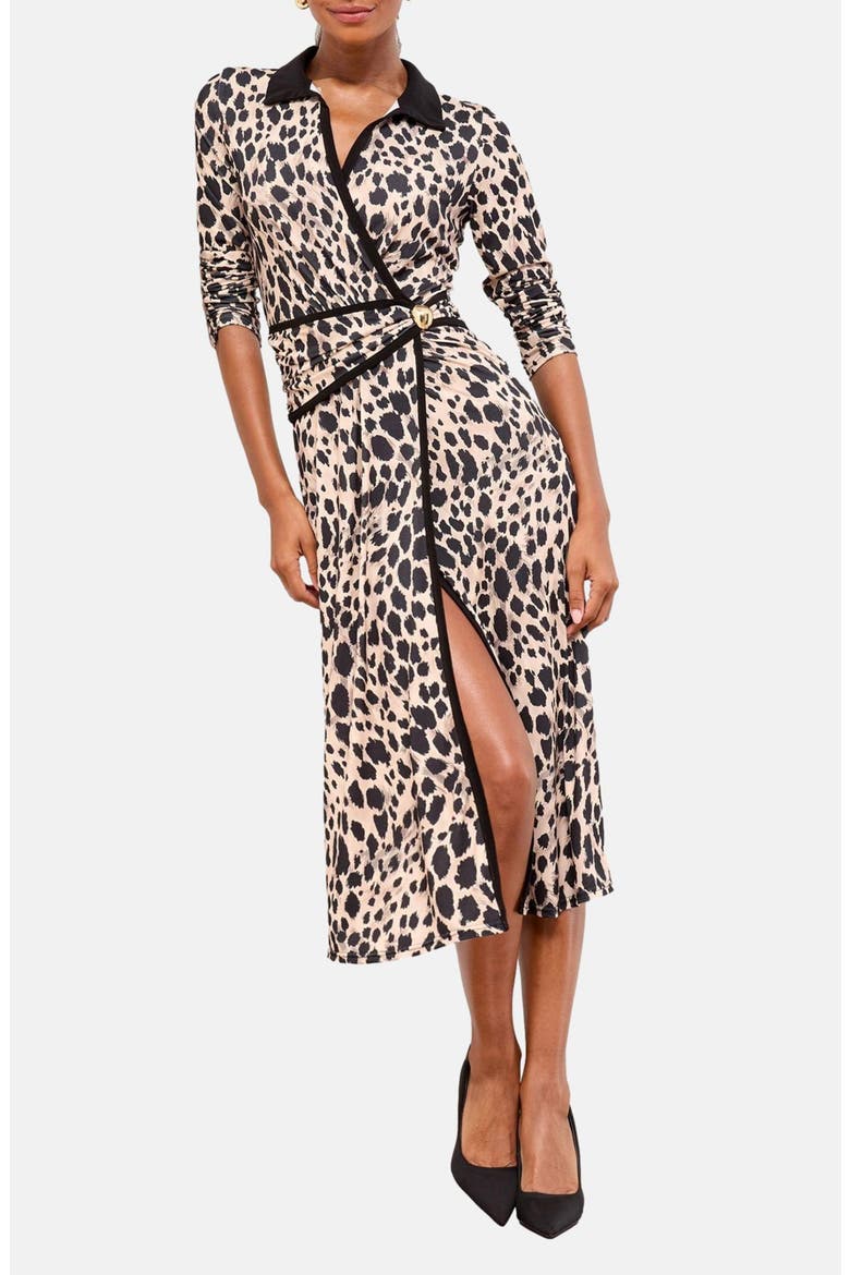 Animal Print Long Sleeve Faux Wrap Midi Dress, Main, color, MONOCHROME
