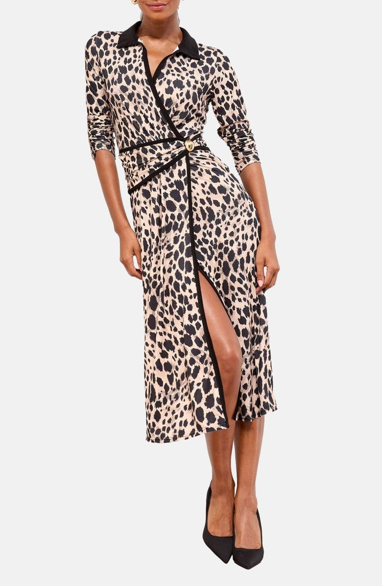 Lipsy Animal Print Long Sleeve Faux Wrap Midi Dress, Main, color, Monochrome