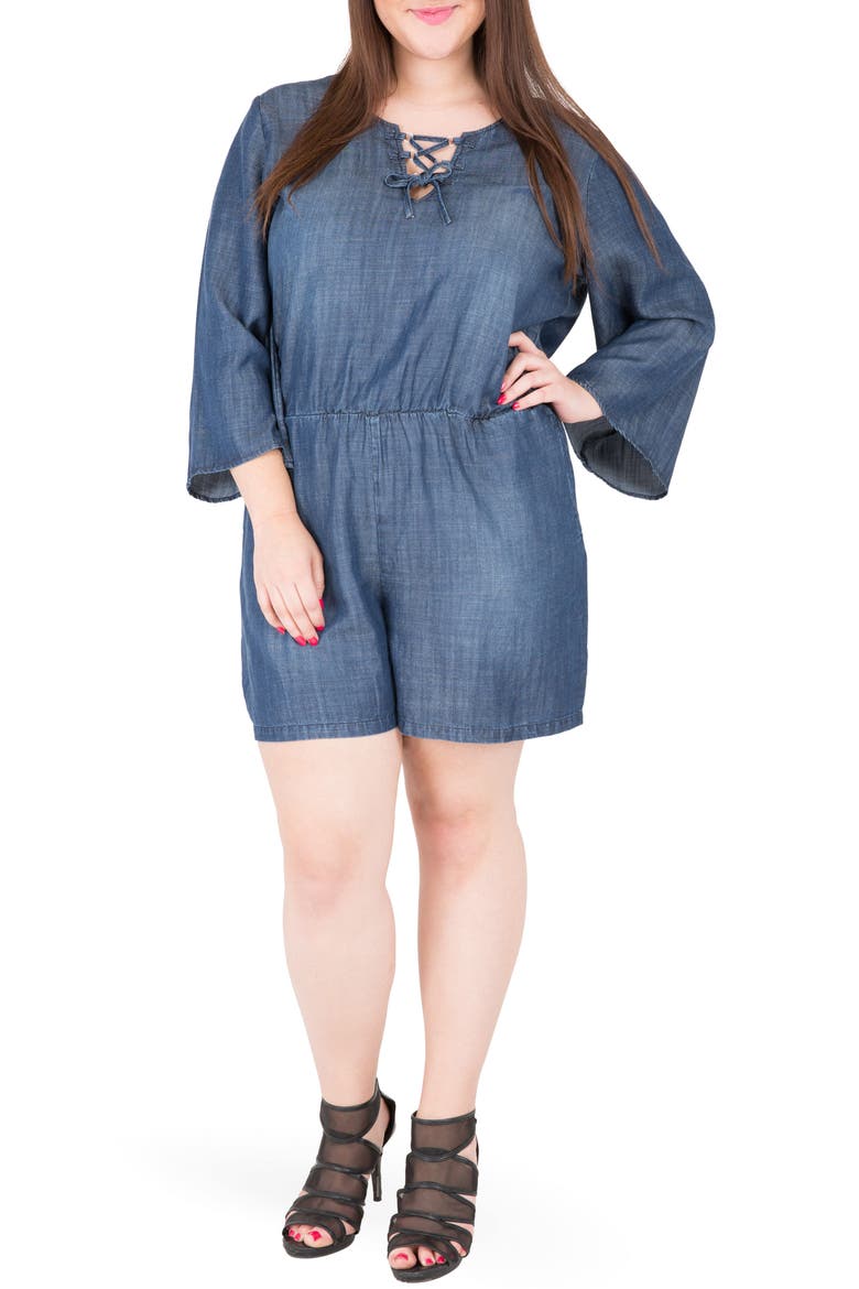 Bell Sleeve Romper, Main, color, NAVY