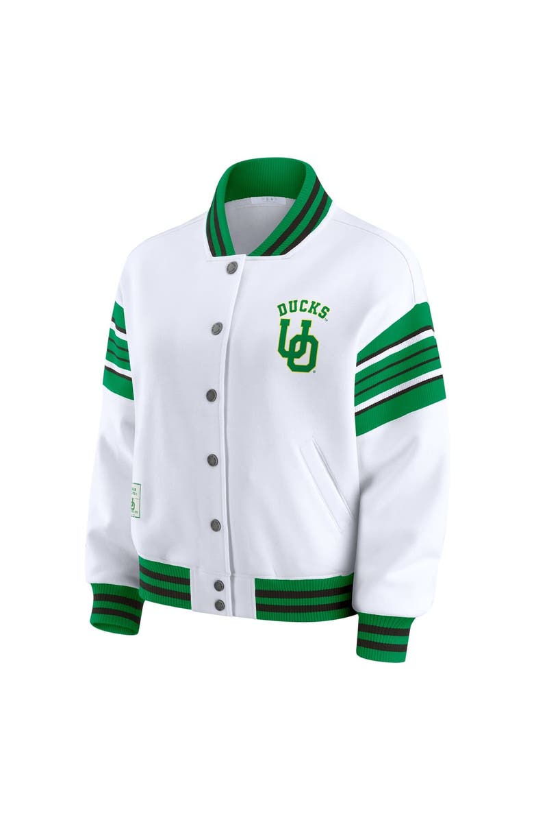 WEAR by Erin Andrews Women's WEAR by Erin Andrews White/Green Oregon Ducks Satin Stitch Full-Snap Fleece Sweatshirt Jacket, Alternate, color, White