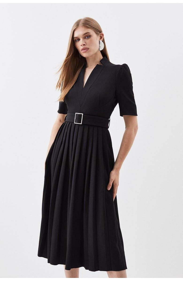 Karen Millen Structured Crepe Belted Midi Dress, Main, color, Black