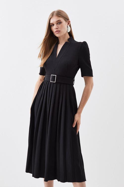 Karen Millen Structured Crepe Belted Midi Dress In Black