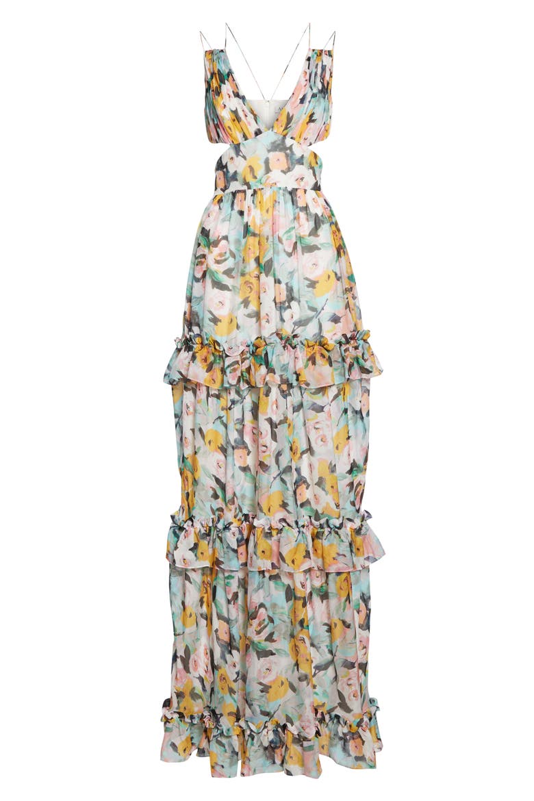 Drew Floral Print Evening Dress, Alternate, color, AQUA