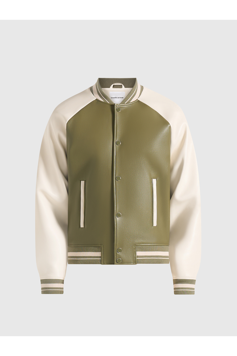 Guy Contrast Leather Bomber Jacket, Alternate, color, Olive/Cream