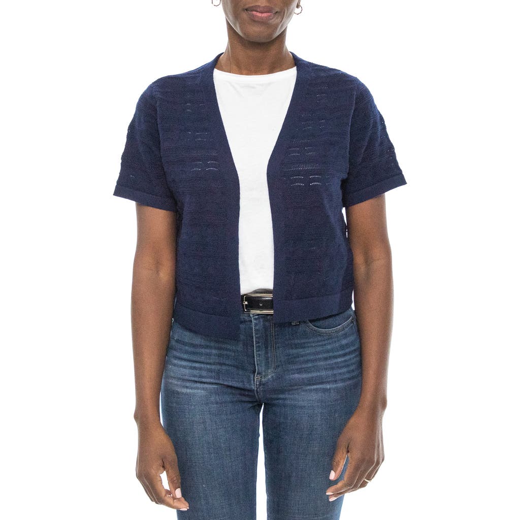 Nina Leonard Pointelle Stitch Short Sleeve Bolero In Blue