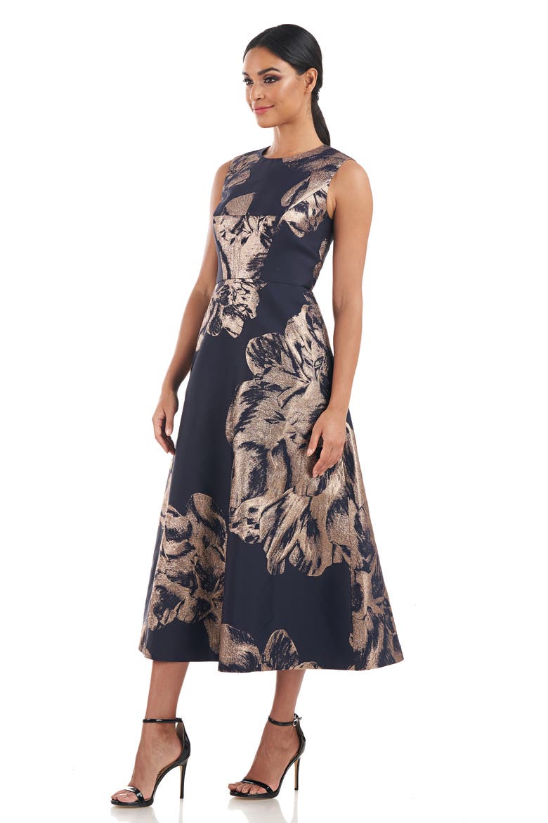 Molly Floral Metallic Jacquard A-Line Midi Dress, Alternate, color, NAVY/ BRONZE