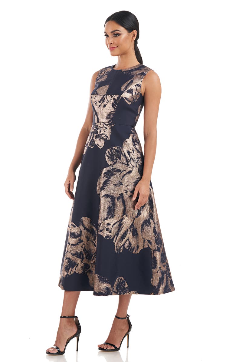 Kay Unger Molly Floral Metallic Jacquard A-Line Midi Dress, Alternate, color,