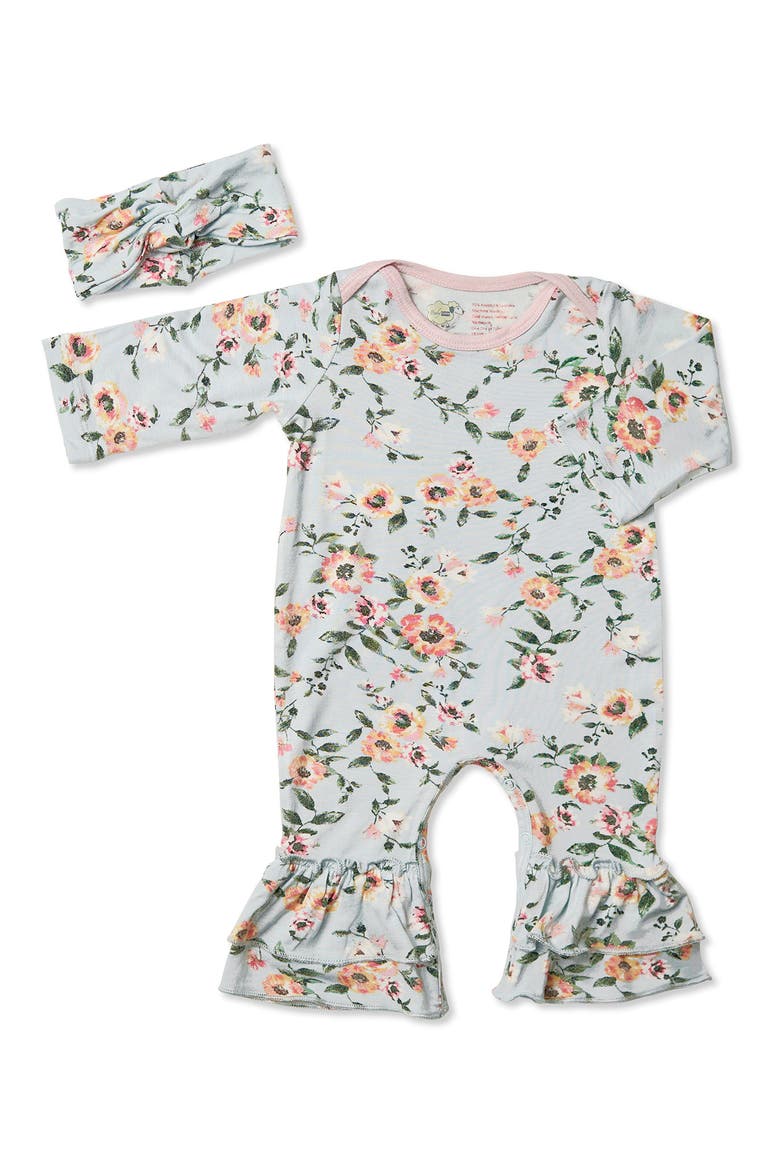 Baby Grey by Everly Grey Ruffle Romper & Head Wrap Set, Main, color, CLOUD BLUE