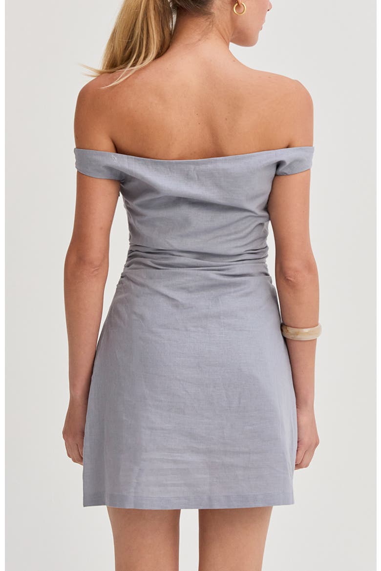 Off Shoulder Side Ruched Linen Mini Dress, Alternate, color, Light Blue