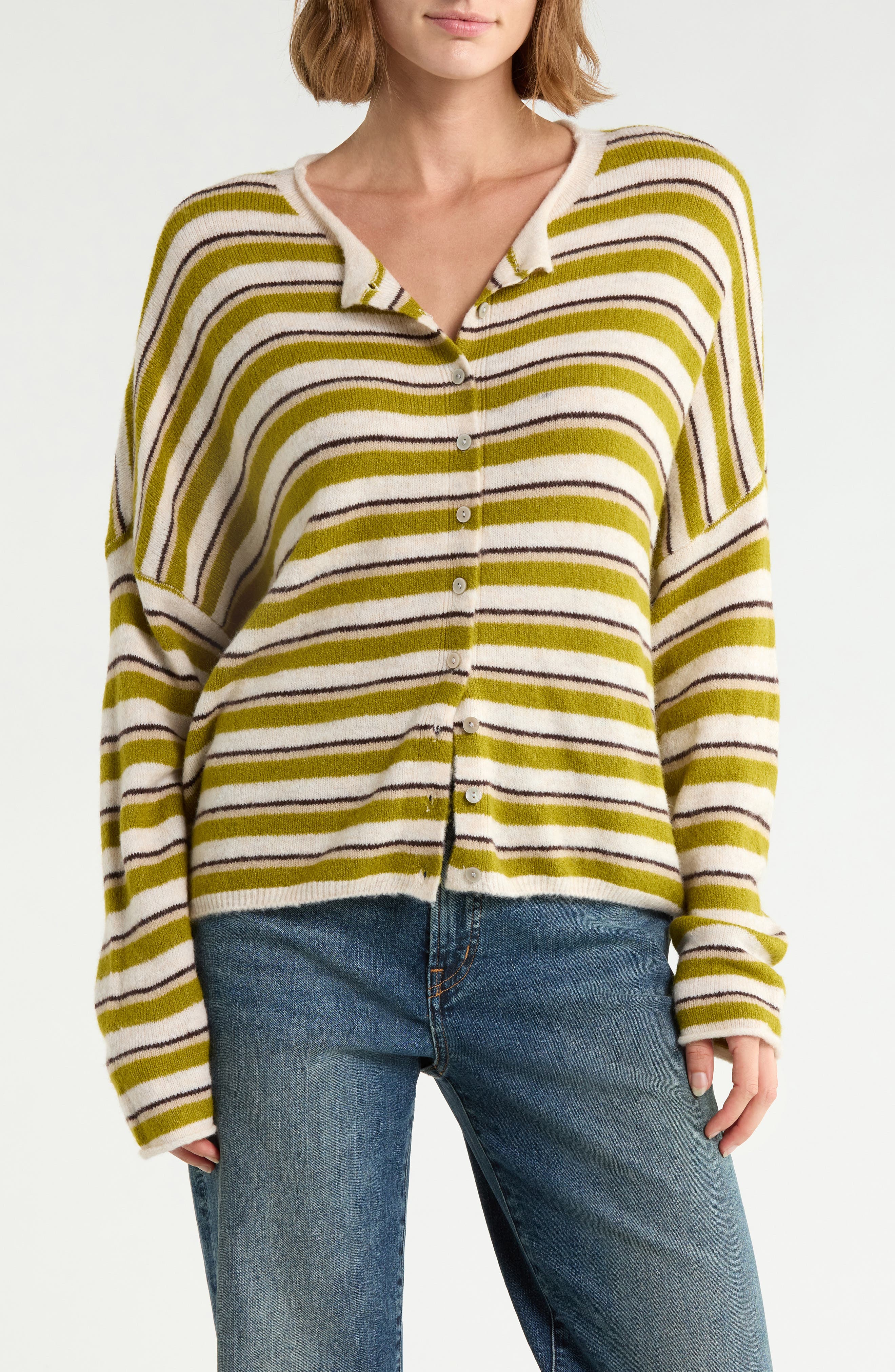 Striped Roll Collar Cardigan