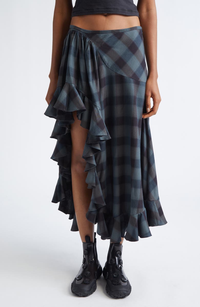 Collina Strada Florist Sky Plaid Asymmetric Skirt, Main, color, Navy Plaid