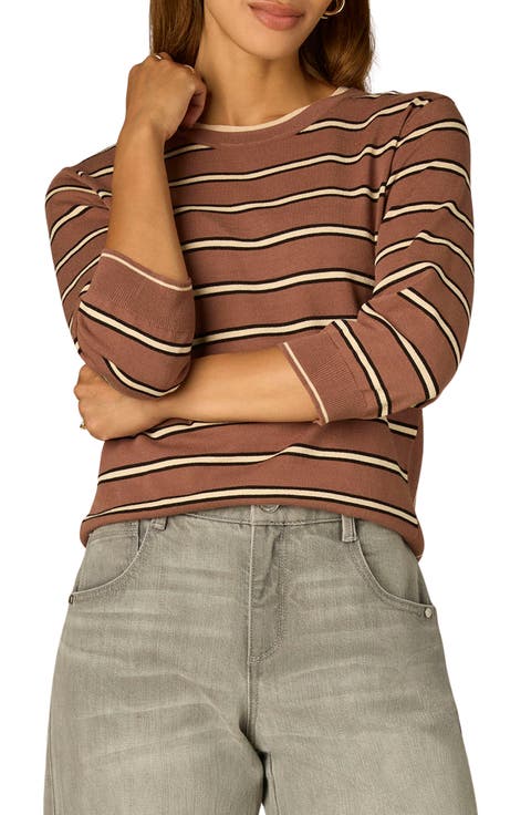 Stripe Three Quarter Sleeve Crewneck Sweater