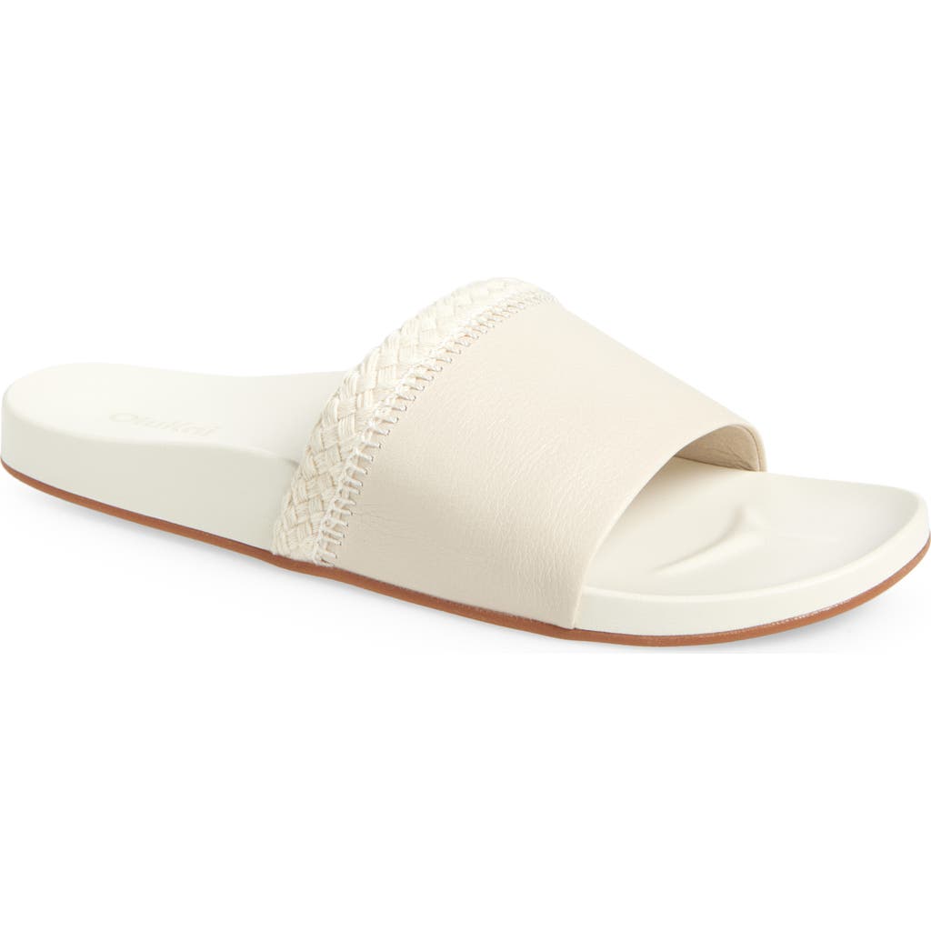 Olukai Pākea Leather Slide Sandal In White Sand/white Sand