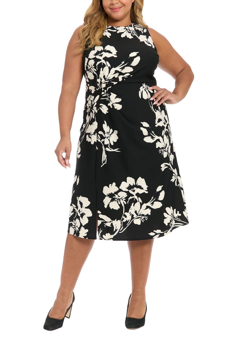 Floral Sleeveless Twist Front Scuba Midi Dress, Main, color, BLACK/ BEIGE