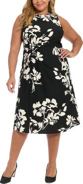 London Times Floral Sleeveless Twist Front Scuba Midi Dress
