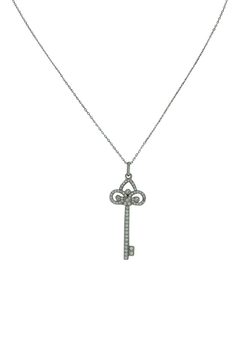 Silver-Tone Regal Rhinestone Key Pendant Necklace, Main, color, SILVER / CLEAR