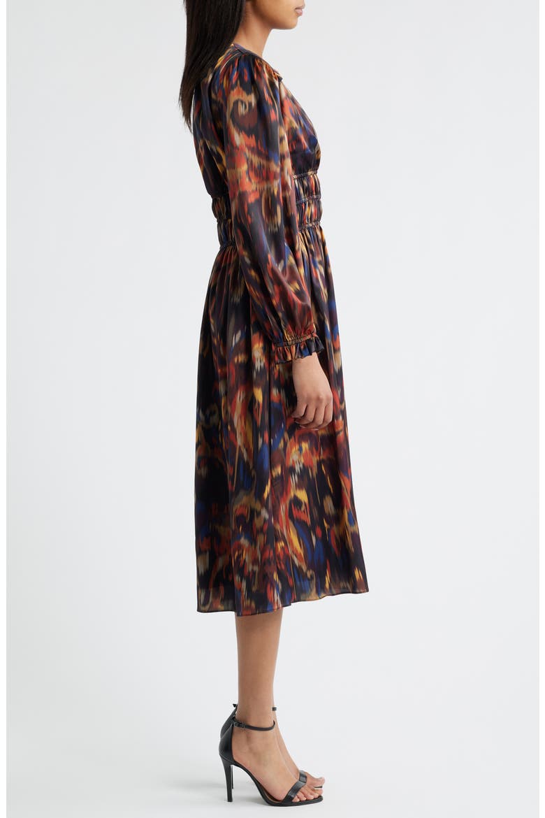 Ikat Long Sleeve Stretch Satin Midi Dress, Alternate, color, ORANGE MULTI