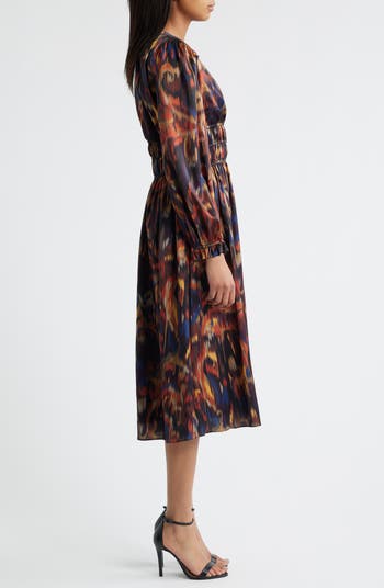 Ikat Long Sleeve Stretch Satin Midi Dress