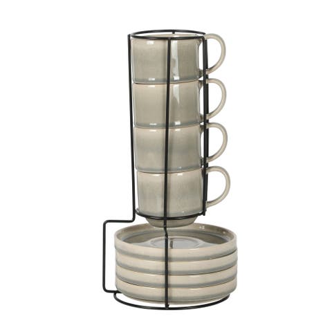 Sunrise Hills Stackable Stoneware Cup and Saucer Set with Metal Rack