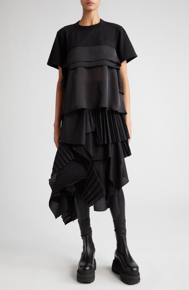 Sacai Tiered Mixed Media Satin & Cotton Jersey T-Shirt, Alternate, color,