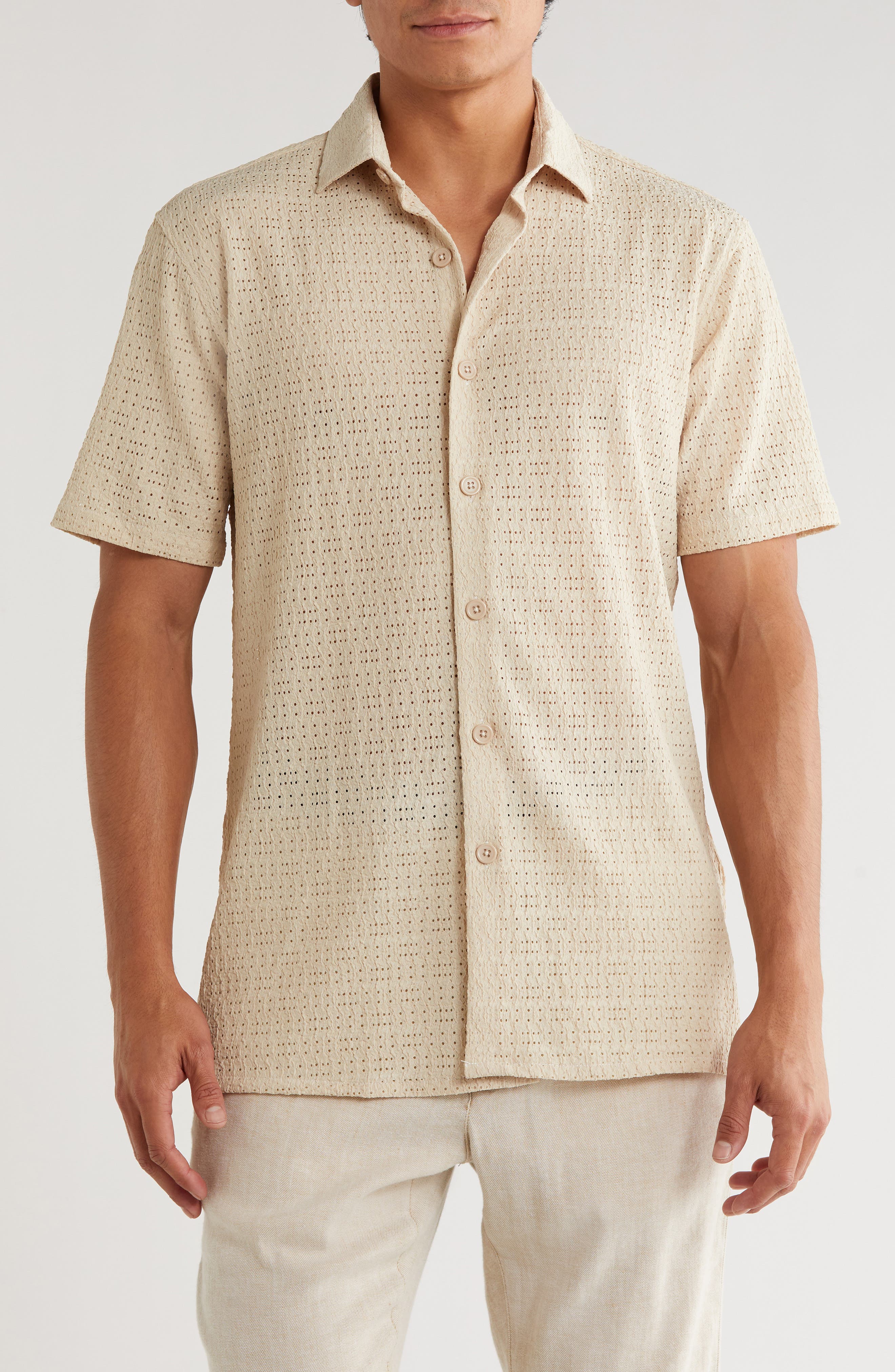 T.R. PREMIUM Textured Knit Short Sleeve Button-Up Shirt