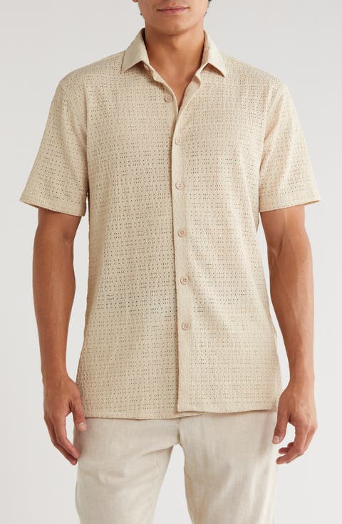 Textured Knit Short Sleeve Button-Up Shirt