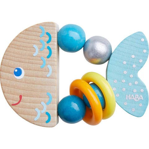 Rattlefish Wooden Baby Rattle and Teething Toy with Plastic Rings, Teething Toys 6-12 months, Grasping Toy for Babies, Made in Germany